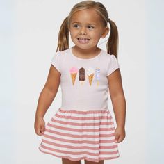 "Your Scream, Ice Cream" Dress: Sweet Summer Fashion Dress up your little one in our 2024 exclusive "Your Scream, Ice Cream" dress from our Summer Collection. Designed to capture the essence of summer fun, this dress features a ballerina pink top adorned with colorful ice cream graphics, perfectly paired with a mauve striped skirt. It's the quintessential outfit for sunny days and sweet adventures. Made from 5 oz. 100% combed ringspun cotton, this dress combines comfort with adorable style, ensuring your little girl stays cool and comfortable while looking irresistibly cute. Ideal for picnics, parties, or playful days in the park, this exclusive design will make her the darling of every summer event. DetailsColor: Ballerina Pink and Mauve StripesImprint Color: Full ColorMaterial: 100% Comb Colorful Ice Cream, Pink Ballerina, Summer Fashion Dresses, Summer Events, Stripe Skirt, Cream Dress, Pink Tops, Sunny Days, Summer Collection