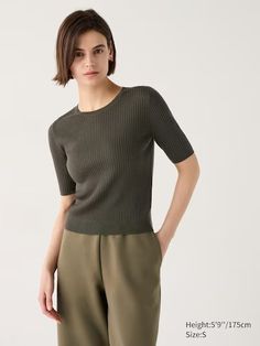 Merino Ribbed Crew Neck Half Sleeve Sweater | UNIQLO US Half Sleeve Sweater, Merino Sweater, Women's Sweaters, Styling Ideas, Ribbed Sweater, Casual Elegance, Sweater Sleeves, Half Sleeve, Sleeve Sweater