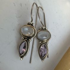 Lovely Little Tasteful Bali Style Sterling Ear Rings Have Long French Wires. Pretty Good Quality Little Stones. Mystical Silver Jewelry With Gemstone Accents, Elegant Purple Moonstone Jewelry, Silver Moonstone Earrings With Gemstone Accents, Eclectic Outfits, Silversmith Jewellery, Bali Style, Bali Fashion, Ear Rings, French Wire