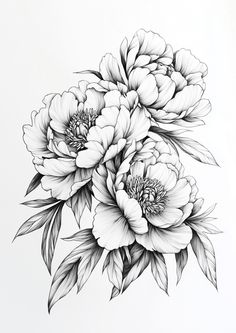 black and white drawing of flowers with leaves on the bottom half of each flower,