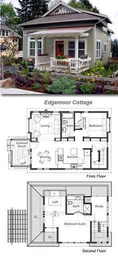 the floor plan for a small house with two levels and an attached porch, is shown in