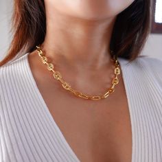 "Big Bold Chunky Necklace, Extra Super Thick Chunky Chain, Gold Plated Anchor Puff Mariner Chains, Gold Choker Necklaces, Statement Necklace ⭐ Stunning gold chunky mariner puff chain necklace. The chains are dainty and glistening. ⭐ NECKLACE MEASURE * Total Length: 19\" including extender and closure * Only Chain Length: 16\" * Chain Link Size: Length 12mm and Width 9mm * Closure: Lobster Clasp ⭐ MATERIAL & QUALITY: Thick 18k gold plated. ✅Water Resistant ✅Tarnish Resistant * Our necklaces a Chunky Metal Chain Link Necklace, Trendy Chunky Link Chain Necklace, Trendy Chunky Chain Necklace For Everyday, Everyday Chunky Chain Link Necklace, Trendy Everyday Chunky Chain Necklace, Chunky Link Chain Necklace, Matte Black Jewelry, Blush Jewelry, Suede Jewelry