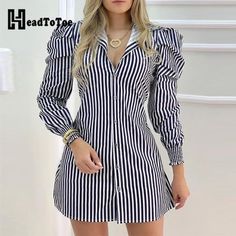 Puff Long Sleeve Dress, Casual Work Dress, Puff Sleeve Shirt, Puff Long Sleeves, Striped Shirt Dress, Dress Shirt Sleeves, Puff Sleeve Dresses, Casual Stripes, Measurement Chart