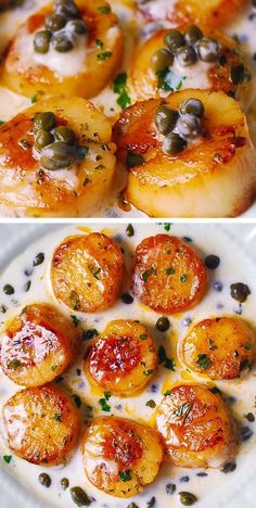 two pictures with different types of food on them, one is cooked and the other has olives