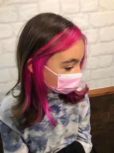 Inner Color Hair Long, Hair Color For Kids Girls Summer, Pink Front Hair Streaks, Pink Hair For Kids, Hot Pink Money Piece Hair, Colored Ends Of Hair Brunettes, Kid Highlights Hair, Kids Dyed Hair, Pink Strips In Hair