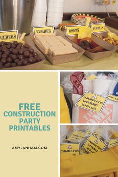 a table topped with lots of food next to bins filled with chocolate covered treats