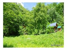 a small cabin in the woods with solar panels on it's roof and windows