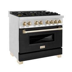 ZLINE Autograph Edition 36 in. 4.6 cu. ft. Legacy Dual Fuel Range with 6 Burner Gas Cooktop and Electric Convection Oven in Stainless Steel with Black Matte Door and Polished Gold Accents (RAZ-BLM-36-G) Zline Autograph Edition, Dual Oven, Gold Knobs, Dual Fuel Ranges, Large Oven, Iron Grate, Gas Cooktop, Electric Oven, Convection Oven