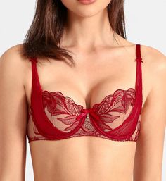 The tulle cups are so finely knit that they appear transparent, so that the bold embroidery shows against your skin. Made of polyester, polyamide, and elastane. Underwire cup is unlined for a sensuous see-through look, with floral embroidery that resembles a tattoo. Demi-height cups have vertical seams to help center breast at front. Striped side support slings on outer cups lift and help position breast forward in cup. Narrow elastic is sewn onto inner neckline for fit. Wires are covered with s Purple Lace Bra, Half Cup Bra, Victoria Secret Outfits, Graphic Motif, Tiny Bow, Striped Fabric, Cup Bra, Purple Lace, Stretch Satin