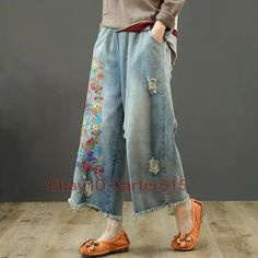 Retro Women Denim Floral Loose Pants Wide Leg Ripped Jeans Embroidery Baggy Pant | eBay Baggy Floral Embroidered Bottoms, Baggy Wide Leg Bottoms With Floral Embroidery, Baggy Bottoms With Floral Embroidery, Casual Baggy Pants With Floral Embroidery, Embroidered Wide Leg Denim Bottoms, Embroidered Denim Wide-leg Bottoms, Embroidered Wide-leg Denim Bottoms, Casual Embroidered Wide Leg Jeans, Casual Wide Leg Embroidered Jeans