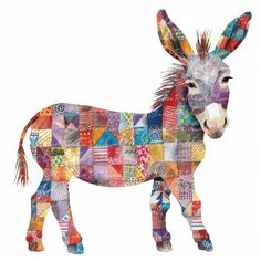 a multicolored donkey standing in front of a white background