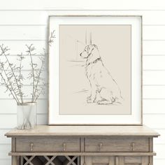 a drawing of a dog sitting on top of a wooden table next to a vase with flowers