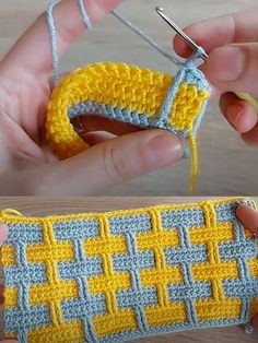 someone is crocheting a piece of fabric with scissors