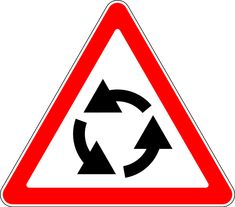 a red triangle sign with black arrows on it's side and an arrow in the center