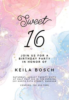 the sweet sixteen birthday party is in pink, blue and white with gold glitters