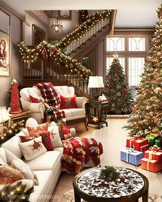 a living room decorated for christmas with presents