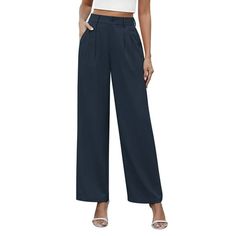 Uvplove women's work business pants are a stylish and comfortable pair of loose wide leg business pants as well as a stylish and practical pair of wide leg business pants. The women's loose wide leg business pants have a loose leg which can effectively trim the leg shape, the pants are designed with a stretch elastic back waist, and the front of the pants are designed with pleats plus buttons, wearing women's work pants visually the leg shape is more smooth. These women's suit pants can be paired with a shirt for a business style or with a top for a casual style! We use lightweight and breathable fabric. Suitable for all kinds of weather wear, no matter warm spring, or hot summer in the air-conditioned room, or in the cool fall, will be your good choice! Size: L.  Color: Blue.  Gender: fem Work Pants Women, Business Pants, Business Style, Pantsuits For Women, Work Trousers, Weather Wear, Warm Spring, Stylish Work Outfits, Suit Pants