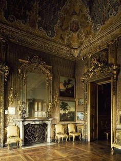 an ornately decorated room with gilded walls and wood floors