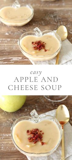 an apple and cheese soup in a glass bowl with spoons next to it on a wooden table