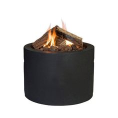 a black fire pit with flames coming out of the top and logs burning in it