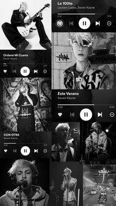 black and white photo collage with various music player's avatars on them