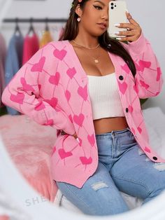 Free Returns ✓ Free Shipping✓. SHEIN Qutie Plus Heart & Argyle Pattern Drop Shoulder Cardigan- Plus Size Cardigans at SHEIN. Pink Cardigan Outfit, Pink Heart Sweater, Shoulder Cardigan, Pink Heart Pattern, Shein Sweater, Drop Shoulder Cardigan, Plus Size White, Fitted Coat, Argyle Pattern