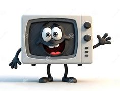 a cartoon television character with an excited look on his face and hands, standing in front of a white background