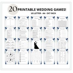 the printable wedding game is shown in blue and white, with an image of a bride