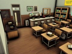 an animated classroom with desks and bookshelves