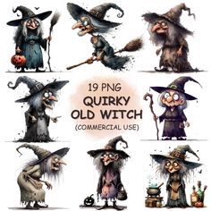 cartoon halloween characters in various poses with pumpkins, witches and other objects around them