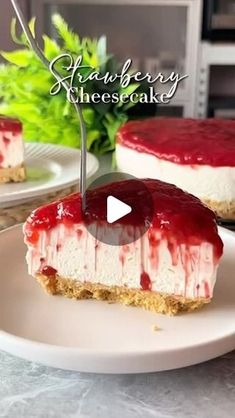 a piece of cheesecake on a plate with a knife stuck in the top one