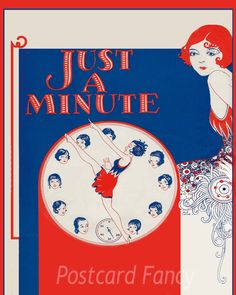 an advertisement for postcard fancy featuring a woman dancing on a clock with her hands in the air