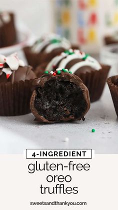 chocolate truffles with white and green sprinkles on top, one cut in half