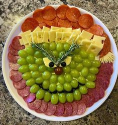 a plate filled with grapes, meats and cheese shaped like a face on it