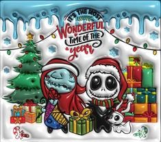 a christmas card with a skeleton and santa clause