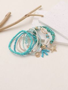 Details:Shell \nStyle:Vacation \nDetails:Marine Life \nGender:Women \nColor:Baby Blue \nMaterial:Shell \n Beach Vacation Style, Starfish Decor, Bracelet Sets, Vacation Style, Marine Life, Stretch Bracelet, Stretch Bracelets, Starfish, Bracelet Set