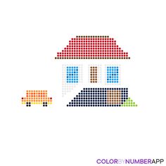 an image of a house and truck pixelated in color by number applique