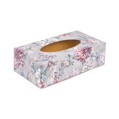 a tissue box with flowers on it and a wooden lid in front of a white background