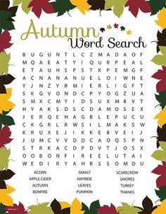 an autumn word search is shown in the middle of a frame with leaves on it