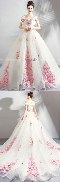 Pink Floor-length Ball Gown For Spring, White Princess Dress With Floral Print, Princess Style White Dress With Floral Print, White Fitted Ball Gown For Spring, Spring Princess Style Floor-length Gown, White Princess Gown For Spring, Prom Dresses Floral, Dress With Long Train, Floral Prom Dresses