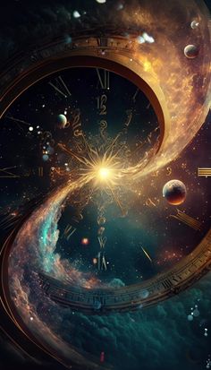 an image of a clock in the sky with planets and stars on it's sides