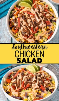 southwest chicken salad in a white bowl with dressing on top and the title above it reads southwestern chicken salad