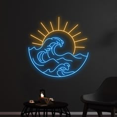 a neon sign that is on the wall next to a black chair and coffee table