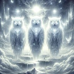 three white owls are standing in front of a sky with stars and moon dusts