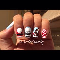 Rudolph The Red Nosed Reindeer Nail Art, Red Nails With Snowflake, Red Shellac Nails, Rudolph Nails, Reindeer Nail Art, Snowman Nail Art, Owl Nails, Snowman Nails, Rudolph Red Nose