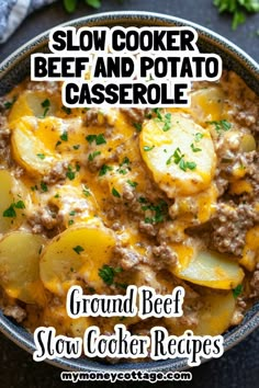 slow cooker beef and potato casserole in a bowl with text overlay