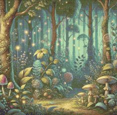 a painting of a forest filled with lots of mushrooms and plants, all surrounded by bright lights