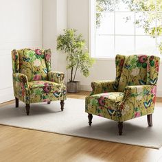 a living room with two chairs and a rug