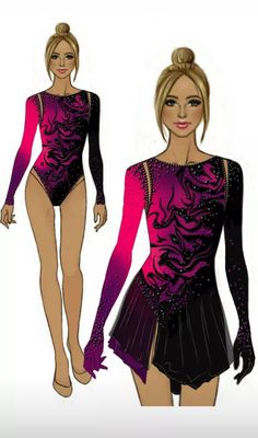 a drawing of a female figure wearing a purple and black leotard with long sleeves