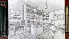 a pencil drawing of a kitchen with the words step by step